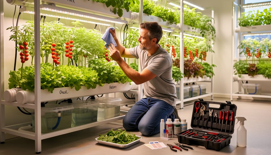 Person adding or checking water level in a hydroponic reservoir during indoor garden maintenance.