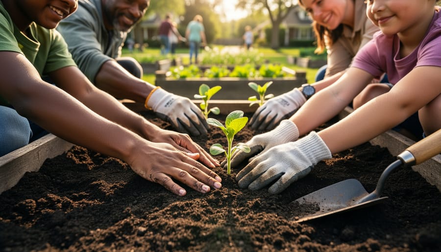 Gardeners planting seedlings in a community garden raised bed during a Sunday workday.