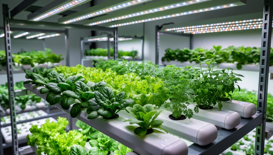Indoor herb and lettuce plants growing beneath an LED grow light with healthy green leaves.