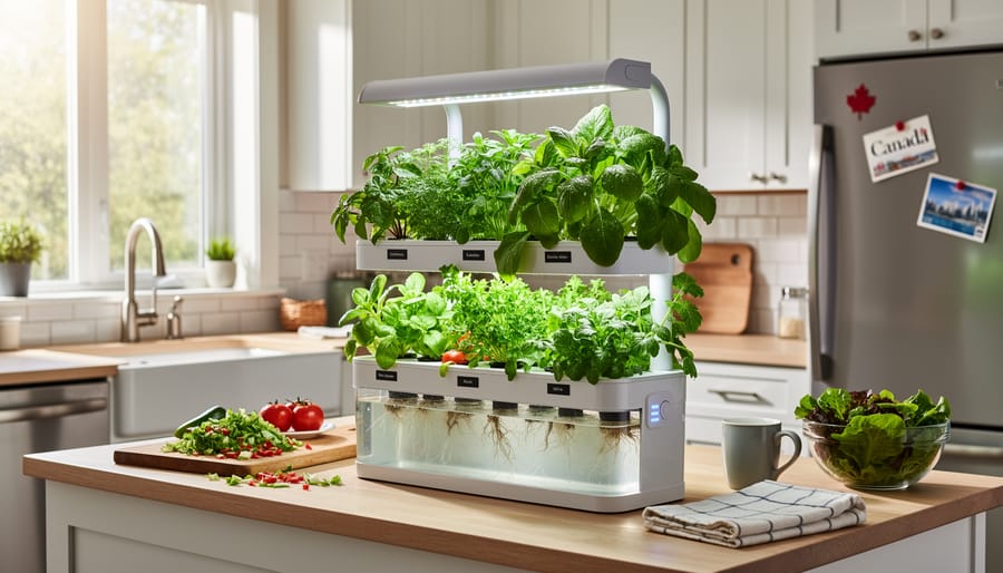 Person’s hands adjusting an indoor grow light above leafy greens in a countertop hydroponic planter in a Canadian kitchen.