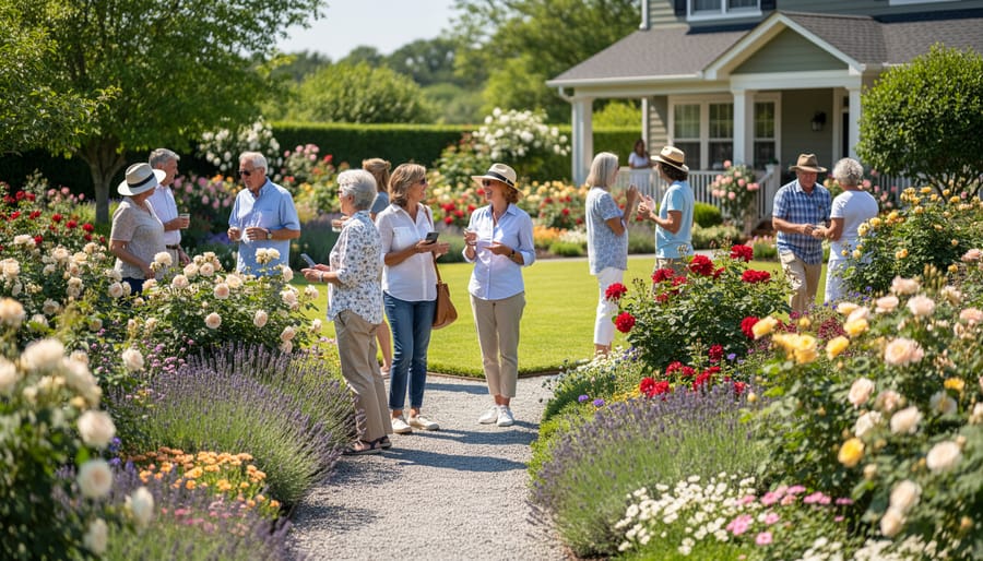 People touring a flowering garden on an open garden day with a host guiding visitors.