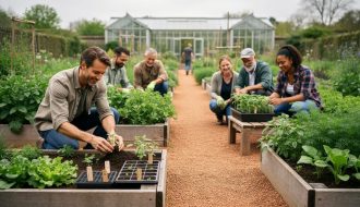 Gardeners kneeling in a community garden tending seedlings in raised beds and seed trays under soft daylight.