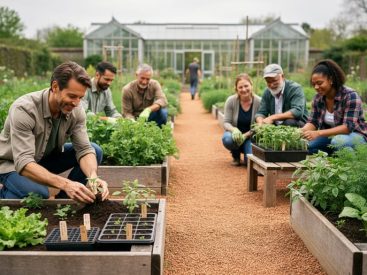 Gardeners kneeling in a community garden tending seedlings in raised beds and seed trays under soft daylight.