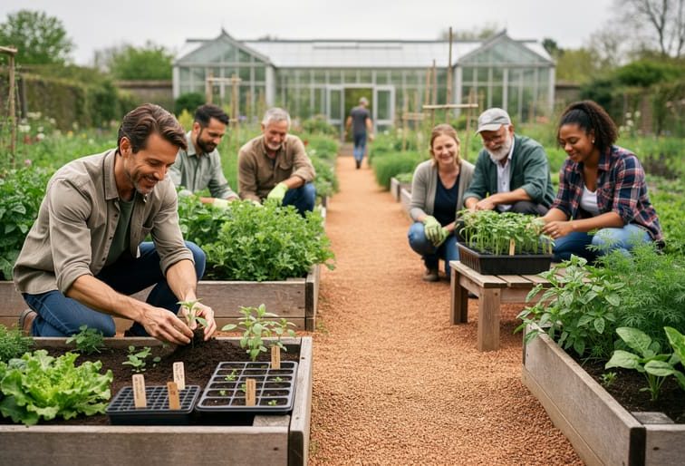 Gardeners kneeling in a community garden tending seedlings in raised beds and seed trays under soft daylight.