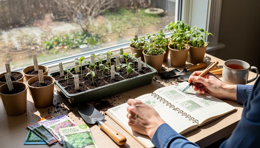 Indoor winter gardening setup with seed trays on a windowsill and a gardener’s hands tending seedlings.